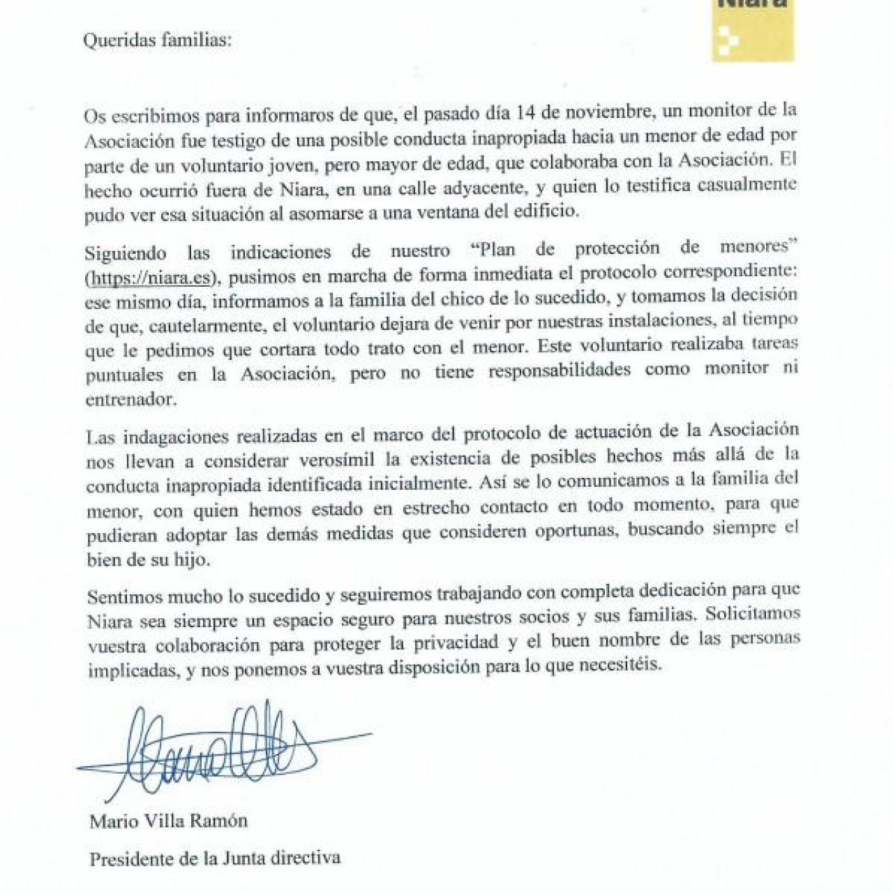 Carta remitida por el centro a los padres de los menores