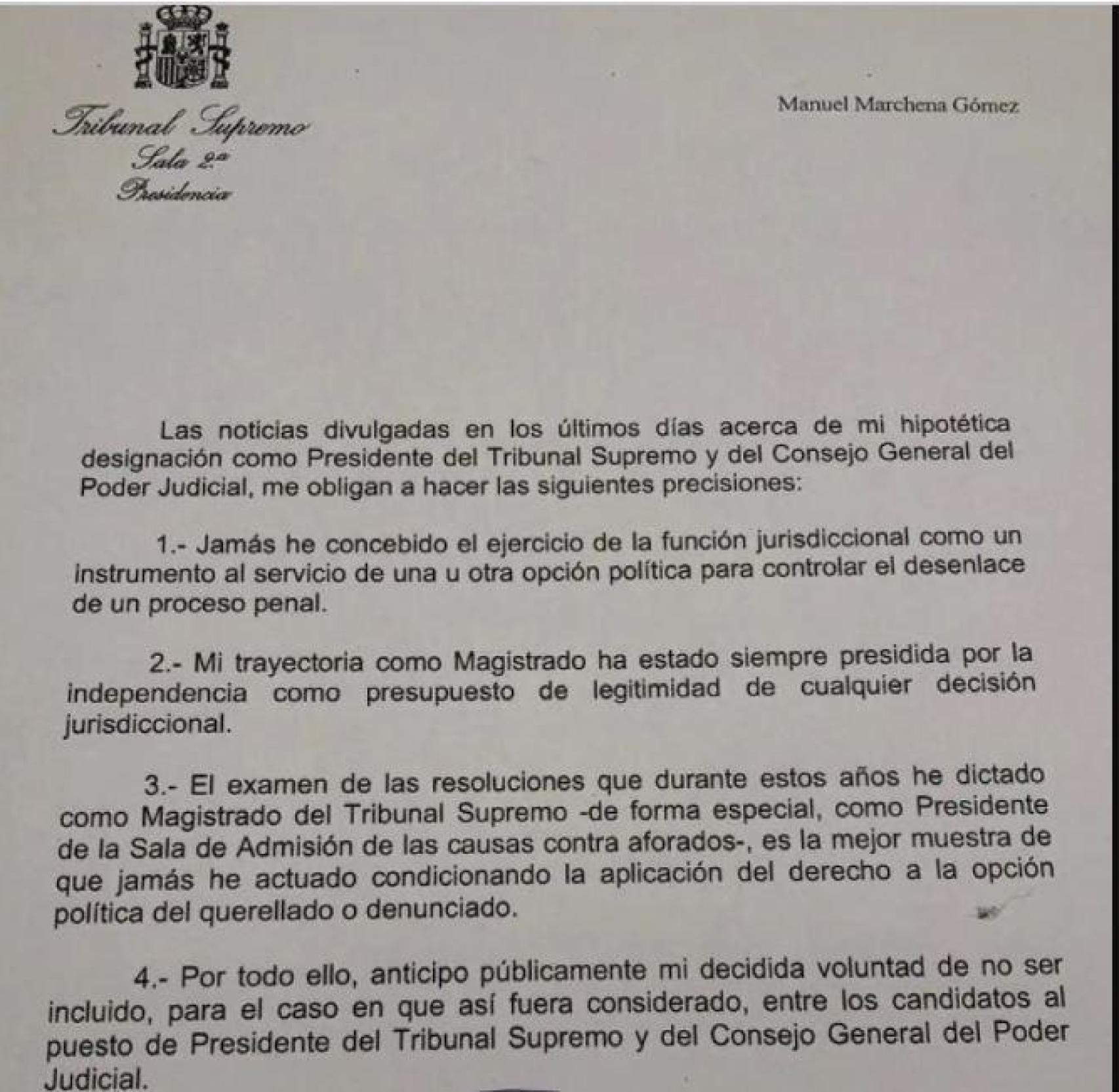 Comunicado de Manuel Marchena renunciando a ser candidato a presidir el Poder Judicial./