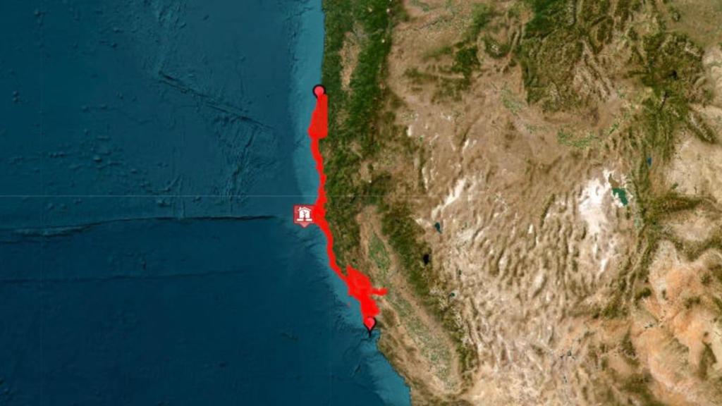 En rojo, el área amenazada de tsunami.