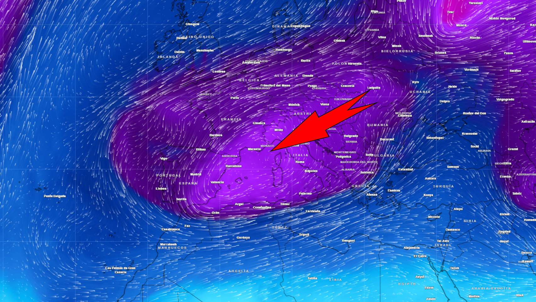 La situación de la borrasca y las masas de aire frío que enviará sobre España. Meteored.