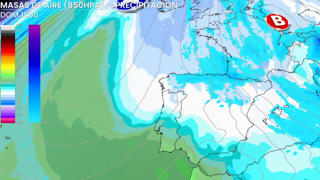 La entrada de masas de aire frío entre el sábado y el domingo. ElTiempo.es.