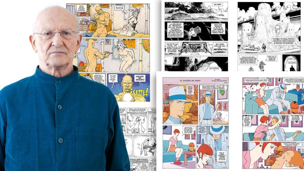 Jean Giraud, Moebius. Foto: Mathieu Bourgois. A la derecha, páginas de 'Obra hermética' (Reservoir Books)