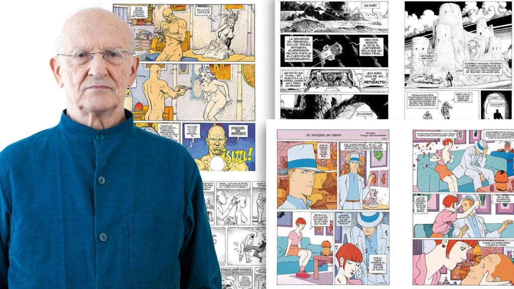 Jean Giraud, Moebius. Foto: Mathieu Bourgois. A la derecha, páginas de 'Obra hermética' (Reservoir Books)