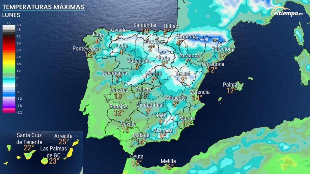 Temperaturas máximas previstas para el lunes 9 de diciembre