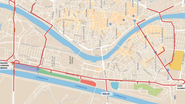 Mapa de los itinerarios recomendados en la Magna de Sevilla.