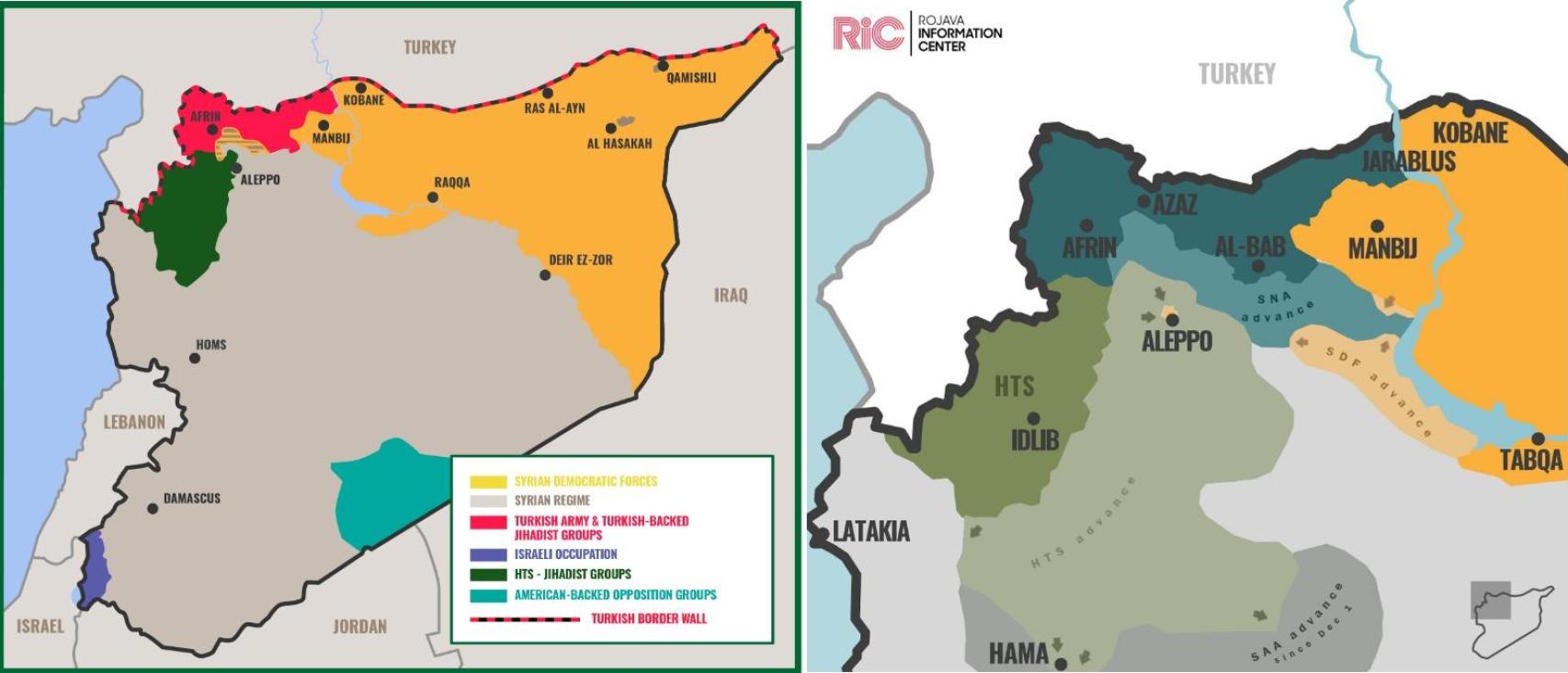 Mapa de la situación de los distintos contendientes. A la izquierda, se muestra la distribución de las milicias y los ejércitos, en julio de 2019; en el la derecha muestra cómo estaban desplegados sobre el terreno el pasado viernes. En amarillo, la zona controlada por las SDF; en azul, los territorios en manos del Ejército Nacional de Siria (SNA); en verde, el feudo de los yihadistas del HTS en Idlib.