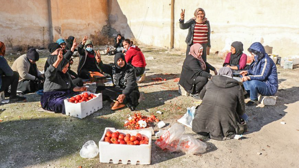 Mujeres campesinas kurdas sacan a la venta unos pocos tomates.