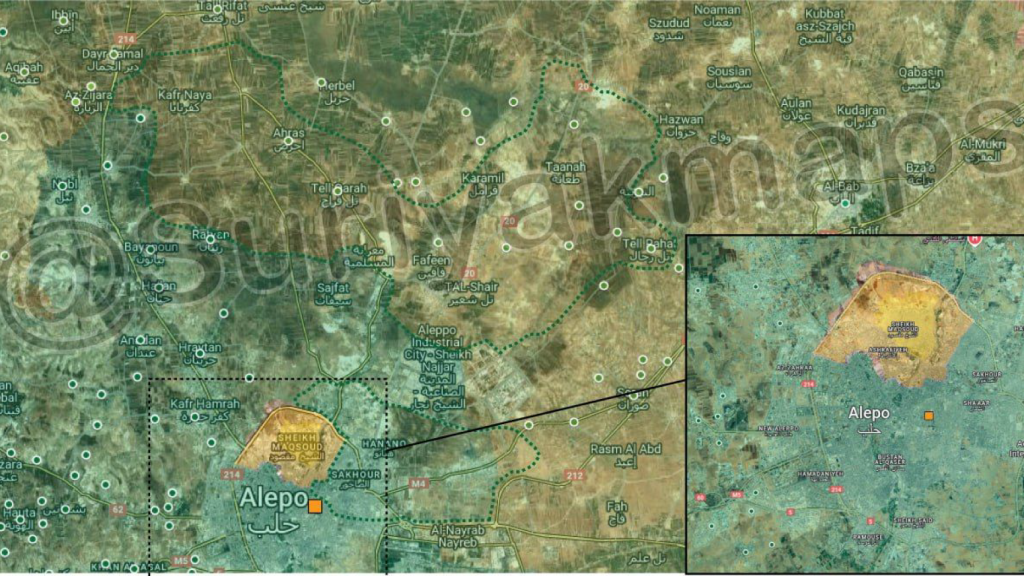 En la imagen de satélite, se aprecia la situación y la extensión de los dos barrios kurdos de la ciudad.