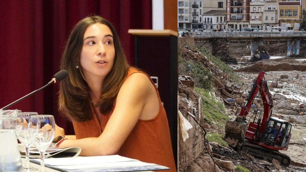 A la izquierda, la jefa de Servicio en Dirección Técnica de la CHJ, Clara Estrela, durante la jornada sobre medidas de autoprotección frente a inundaciones. A la derecha, el barranco del Poyo tras la DANA