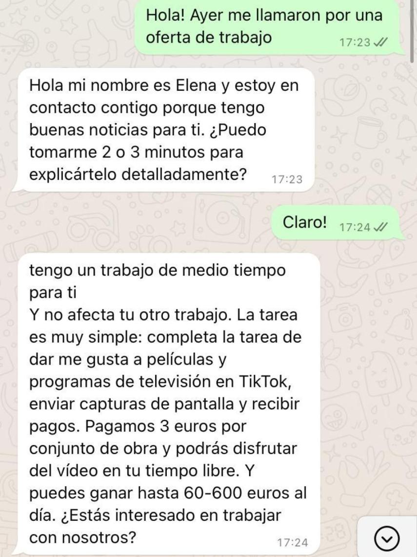 Conversación con el número de teléfono que dice ser de Indeed para una oferta de trabajo.