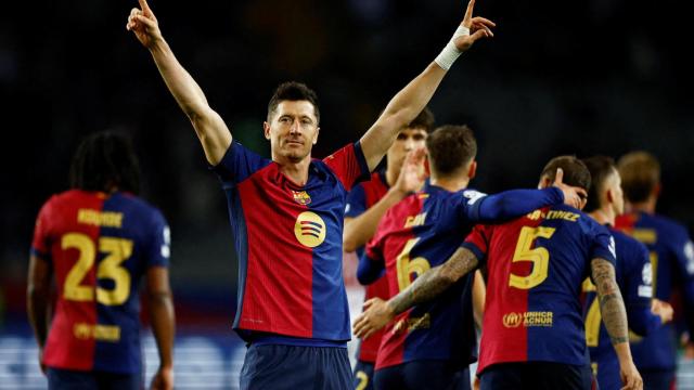 Robert Lewandowski celebra el gol marcado ante el Brest en Champions.