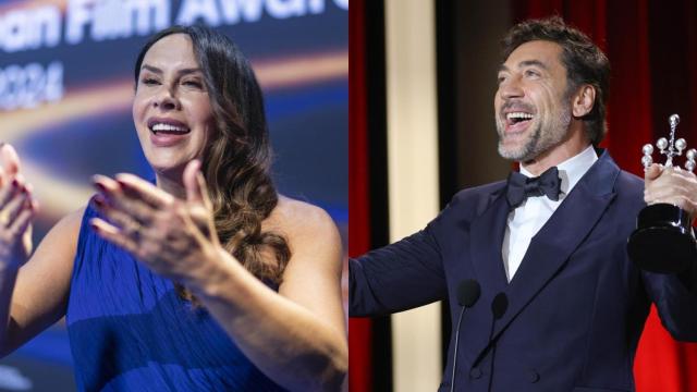 Karla Sofía Gascón en los Premios del Cine Europeo, y Javier Bardem. Foto: EFE/EPA/MICHAEL BUHOLZER