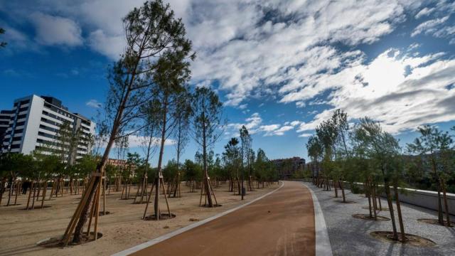 Vista general del espacio verde construido sobre el cubrimiento de la M-30 en el ámbito Mahou-Calderón en Madrid (España).