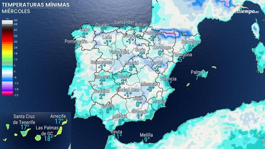 Temperaturas mínimas previstas para el miércoles, con heladas en gran parte del país