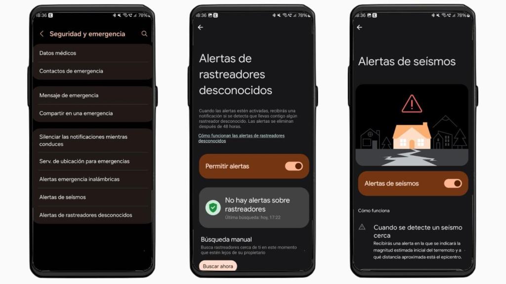 Menús de Seguridad y alertas en Samsung