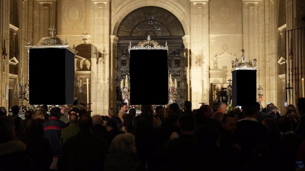 Vírgenes de Setefilla, Valme y Consolación en el interior de la Catedral. Montaje de cubos negros de elaboración propia, 2024.