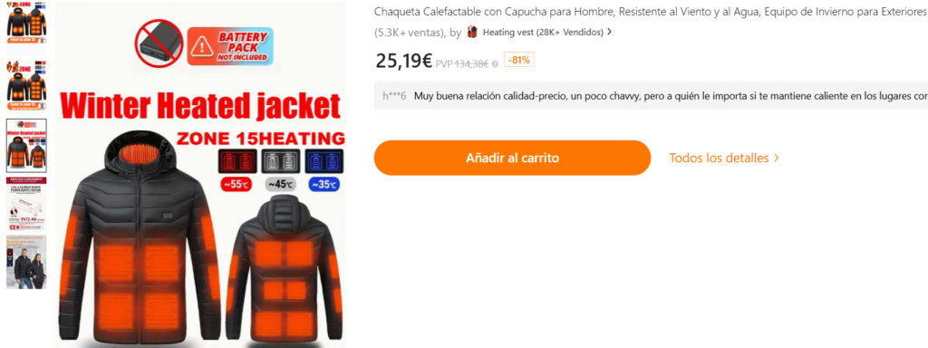 Chaqueta calefactable con capucha para hombre.