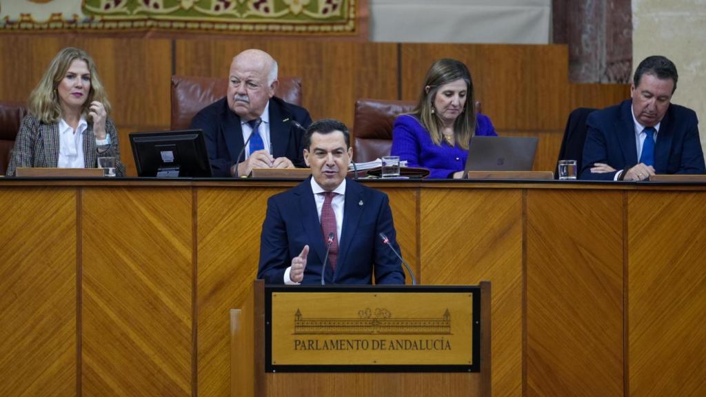 El presidente de la Junta, Juanma Moreno, durante el Debate del Estado de la Comunidad, este miércoles en el Parlamento andaluz.