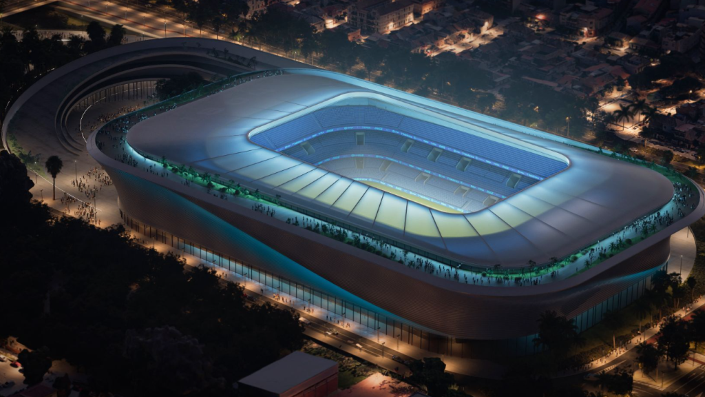 Imagen nocturna del diseño previsto para la Nueva Rosaleda de Málaga.