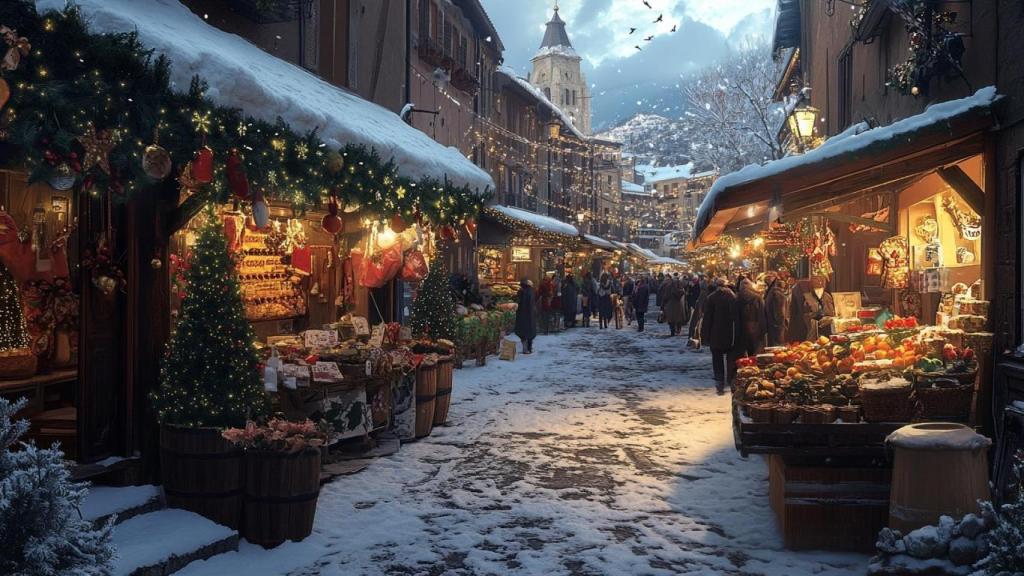 Mercado navideño de un pueblo medieval.