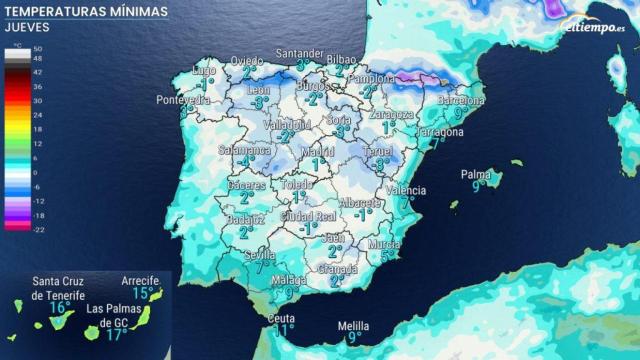 Temperaturas mínimas previstas para la madrugada del jueves.