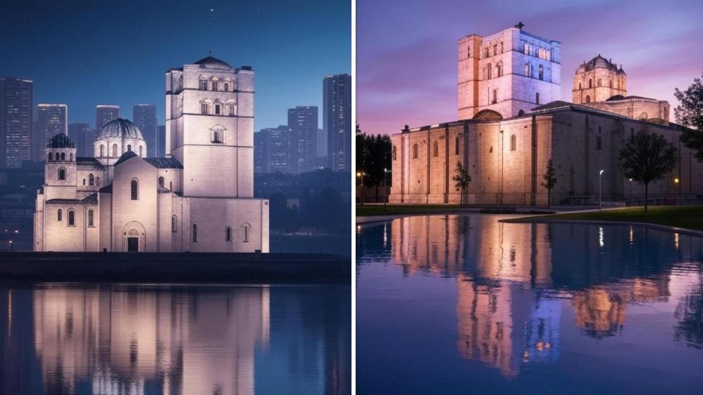 Grok rodea a la catedral de Zamora de un calmado lago