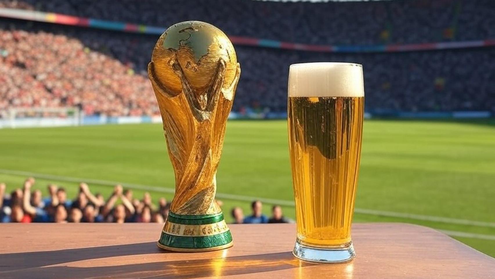 Una cerveza junto al trofeo de la Copa Mundial de fútbol de la FIFA