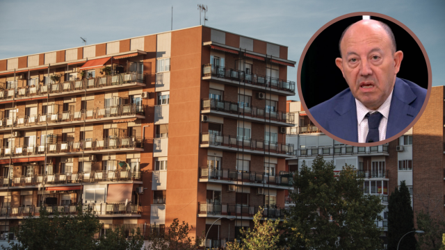 Montaje del economista Gonzalo Bernardos junto a un bloque de pisos.