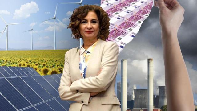 Fotomontaje de la vicepresidenta primera y ministra de Hacienda con un fondo de tecnologías energéticas y billetes de 500 euros.