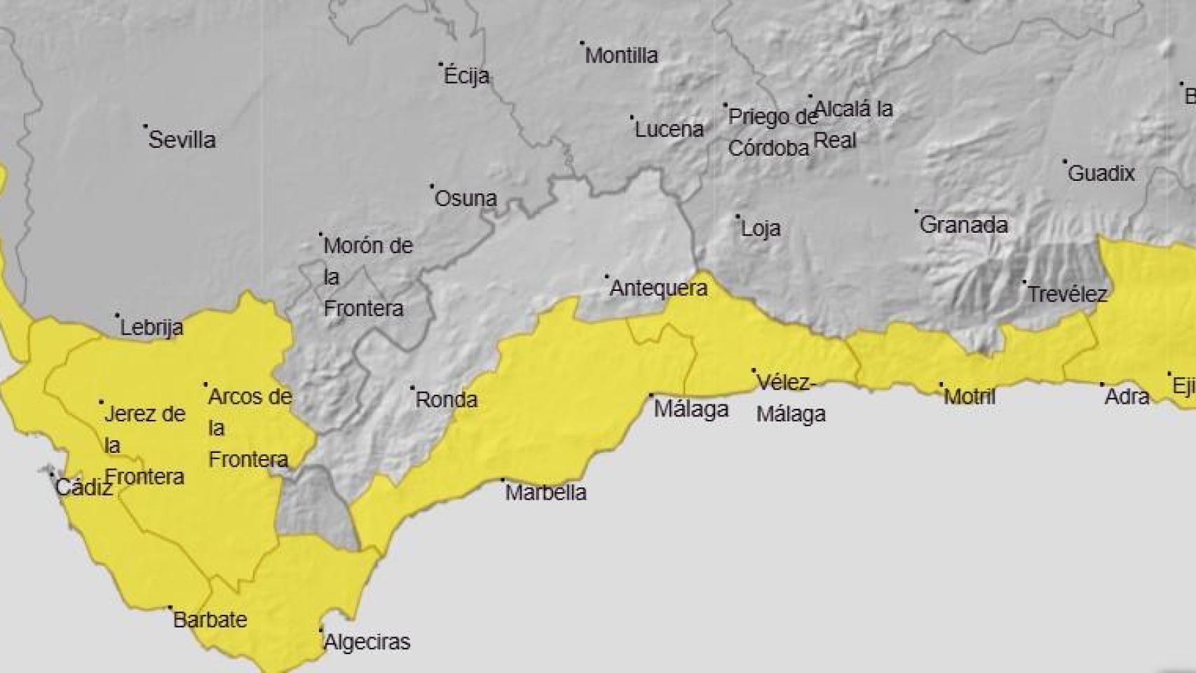 Mapa de la Aemet con la nueva alerta amarilla en Málaga.
