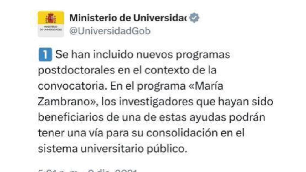 Captura de una publicación en X en la que el Ministerio de Universidades hablaba de al estabilización de los investigadores María Zambrano.