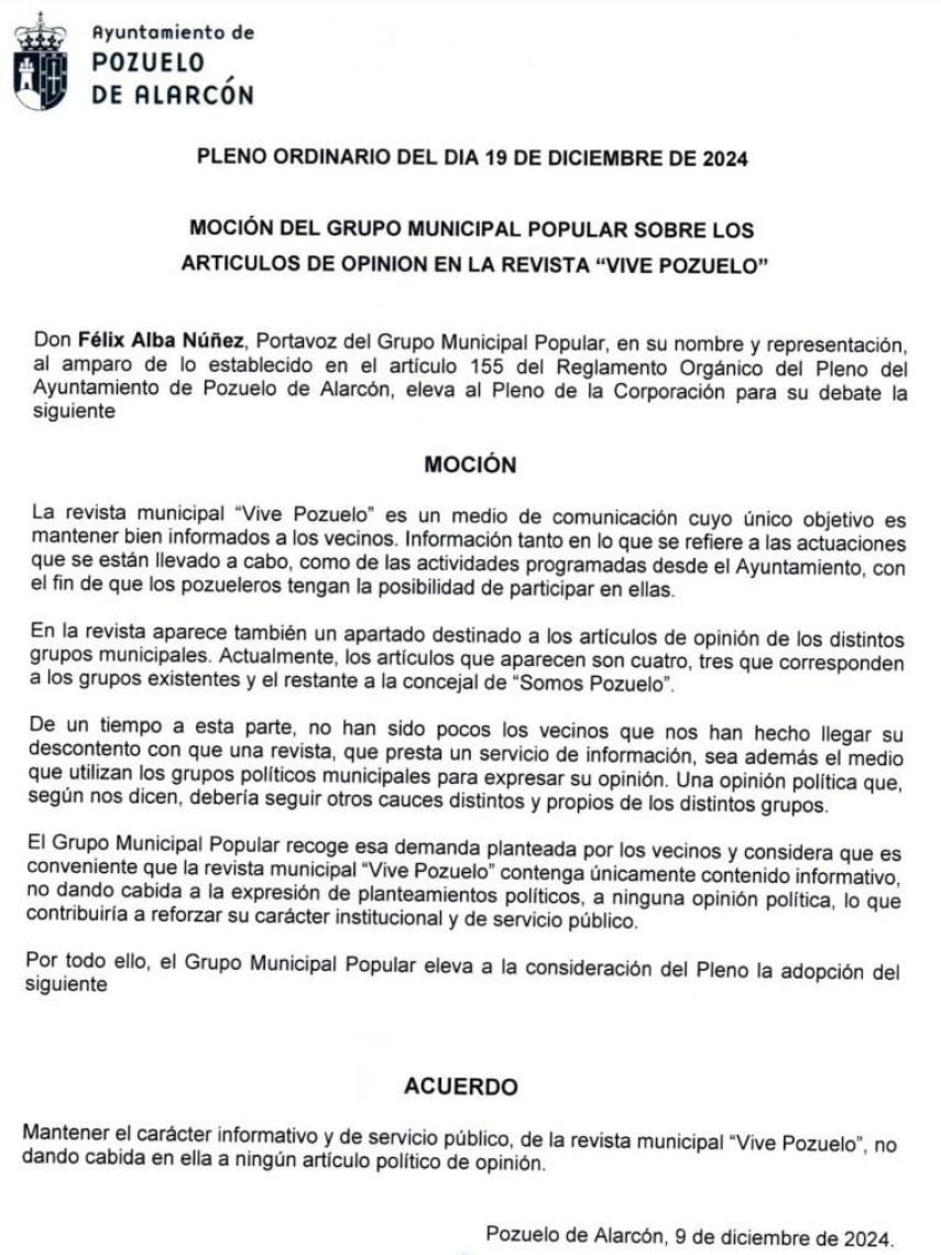 Moción del PP al pleno ordinario del 19 de diciembre.