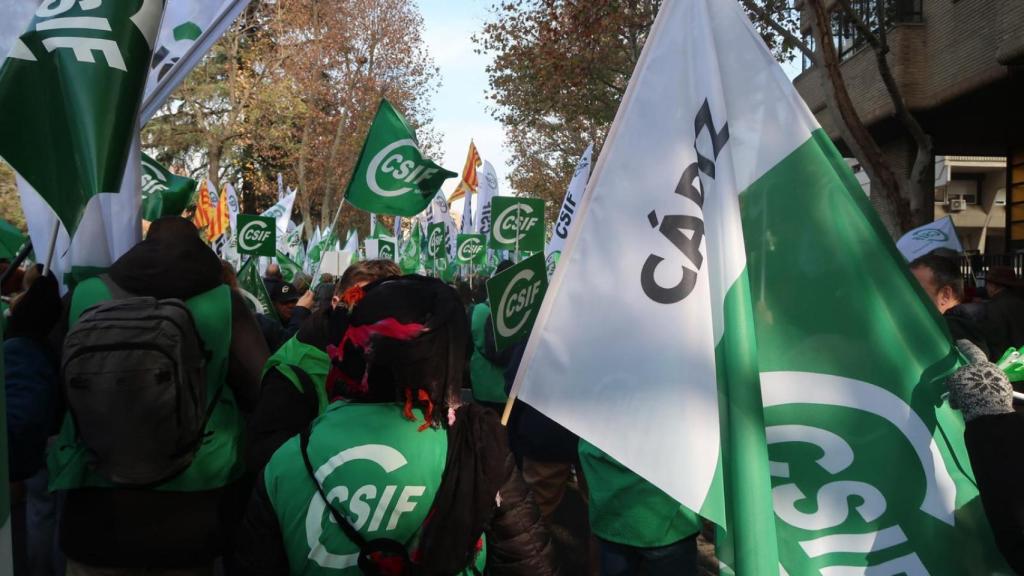 La profesora Elisa Pérez porta una bandera del sindicato de funcionarios  en la manifestación del pasado sábado en la que miles de trabajadores públicos pidieron la supervivencia de Muface.