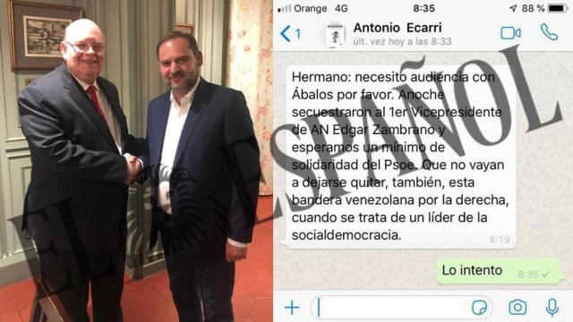 Antonio Ecarri, embajador de la oposición venezolana en España, y José Luis Ábalos, junto el whatsapp del primero a Aldama