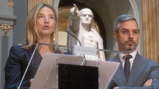 Alicia García, portavoz del PP en el Senado, junto al vicesecretario económico del partido, Juan Bravo, en la presnetación de las enmiendas a la reforma fiscal del Gobierno.