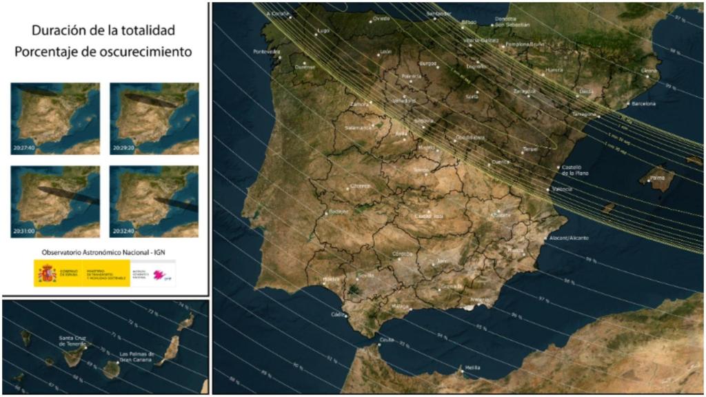 Franja en la que será visible el eclipse total del 12 de agosto de 2026.