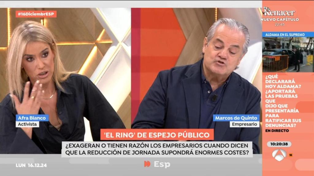 Afra Blanco, cara a cara con Marcos de Quinto por la reducción de la jornada laboral: Estoy harta de señores como tú