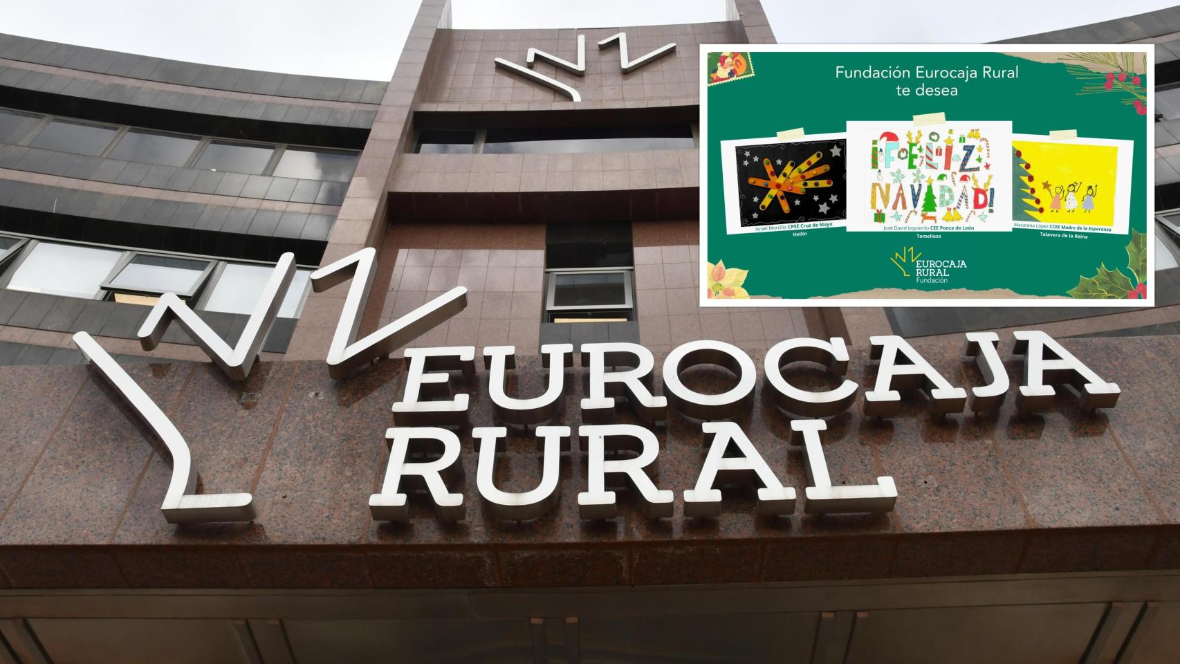 Imagen de la sede de Eurocaja Rural y, en detalle, los dibujos ganadores con los que felicitarán la Navidad