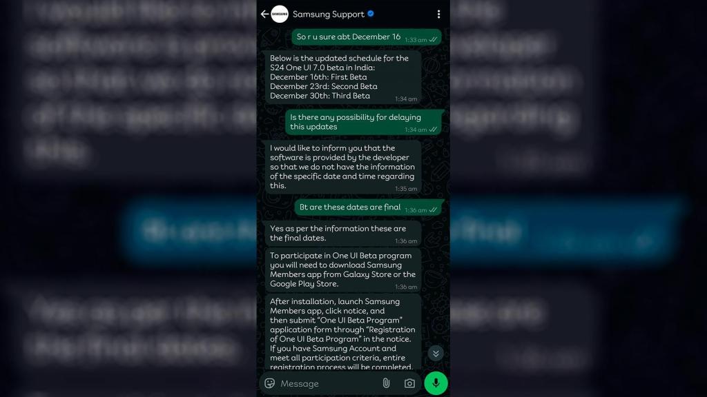 Chat donde se confirma la hoja de ruta de las tres betas de One UI 7