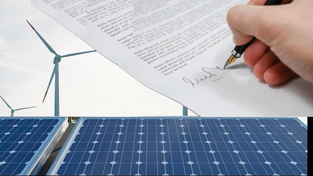 Fotomontaje de unos paneles fotovoltaicos, aerogeneradores eólicos y una firma de un documento PPA.