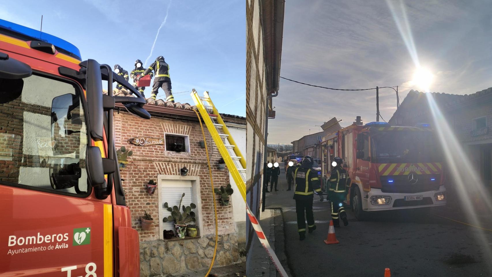 Los bomberos trabajando en dos incendios en un pueblo de Ávila