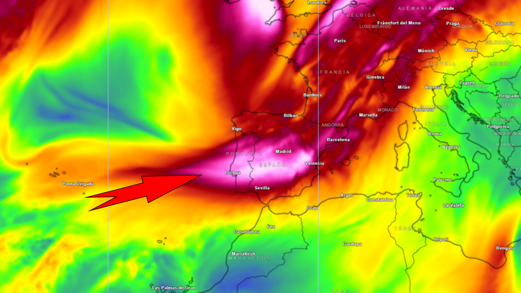 Las rachas de viento en altura que afectarán a España a lo largo del jueves. Meteored.