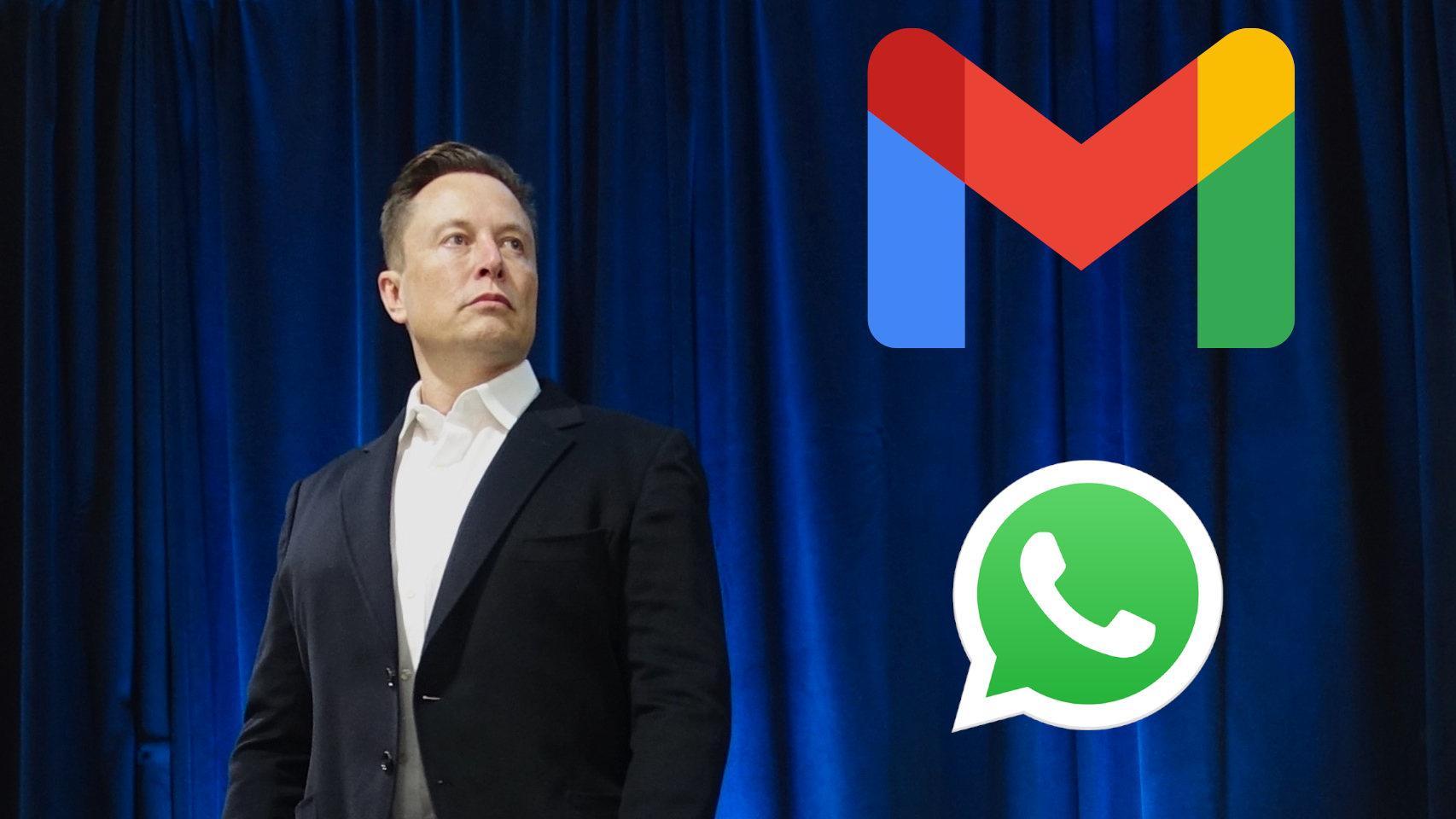 Elon Musk en una imagen de archivo con los iconos de Gmail y WhatsApp