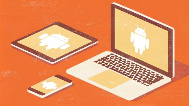 Ilustración de un portátil, un móvil y una tablet con Android