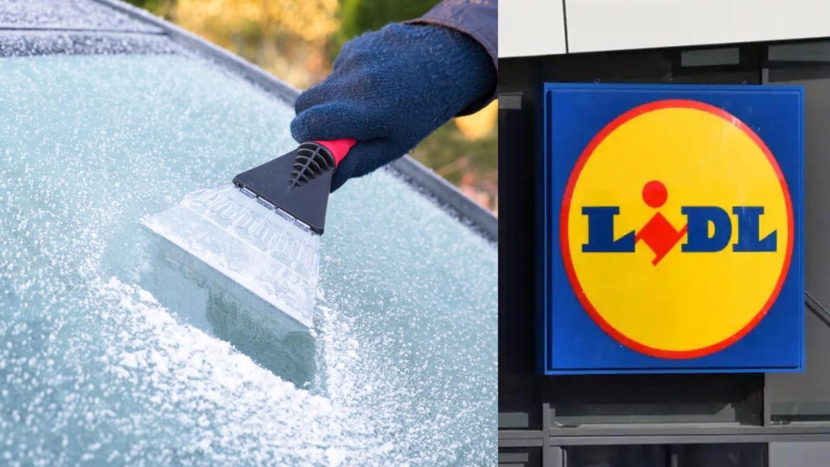 Hielo en el parabrisas de un coche y Lidl.