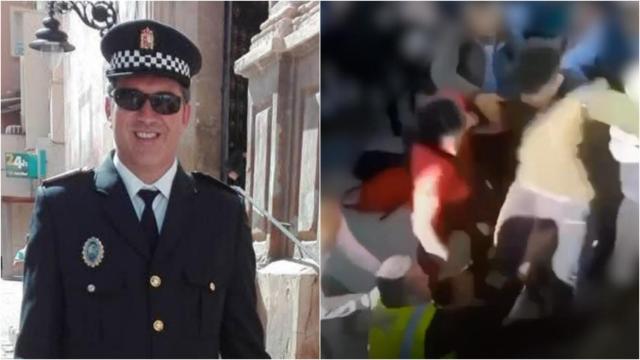 Martín, posando con el uniforme de la Policía Local, junto a una imagen del vídeo en el que fue agredido por un adolescente al mediar en una pelea en un instituto de Cuevas del Almanzora.