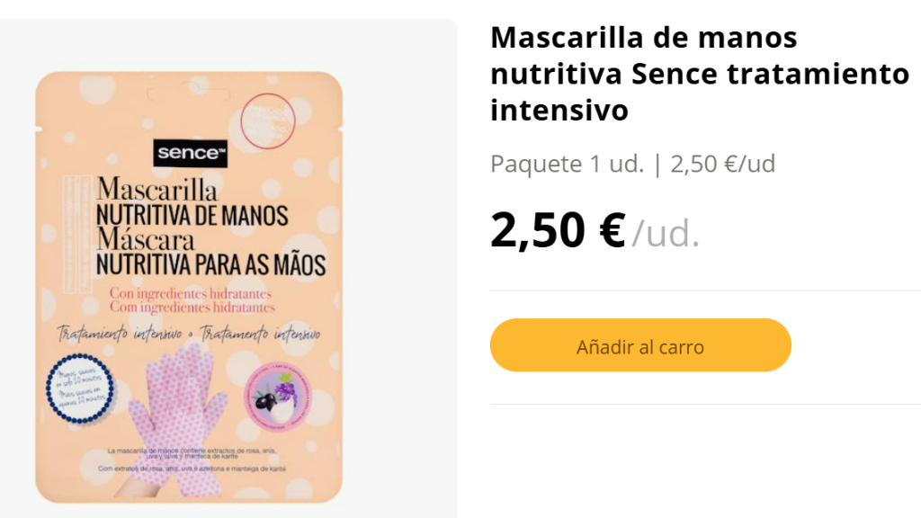 Mascarilla de manos nutritiva Sence tratamiento intensivo.