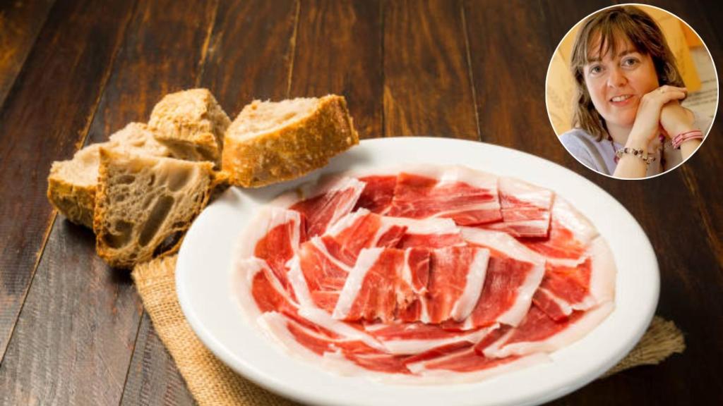 Un plato de jamón ibérico y la nutricionista Arantza Ruiz de la Heras.