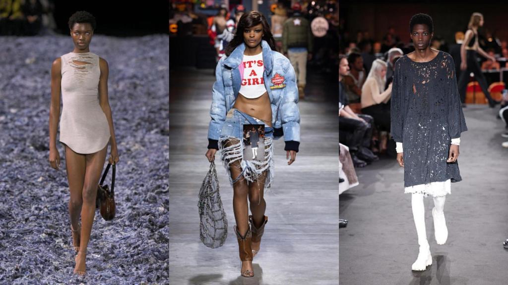 Silueta del desfile primavera-verano 2025 de Diesel,  otoño-invierno 2023 de Dsquared2 y primavera-verano 2023 de Maison Margiela.