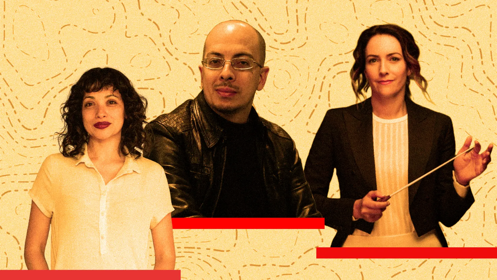 De izquierda a derecha: Amanda de la Garza, Jorge Volpi y Alondra de la Parra. Diseño: Rubén Vique